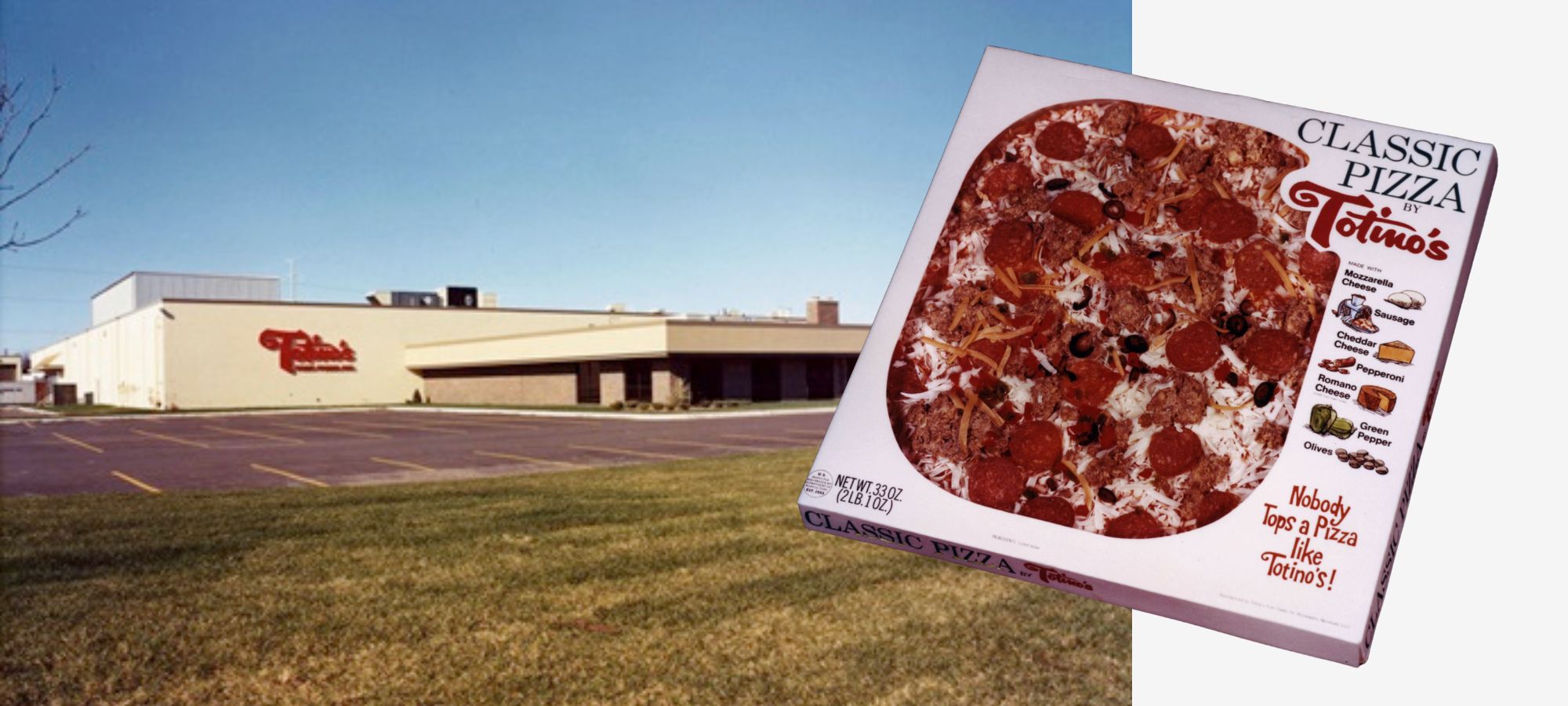 Exterior photograph of Totino's Finer Foods building from 1962 with a layered image of a Totino's Classic Frozen Pizza in a box on the right.
